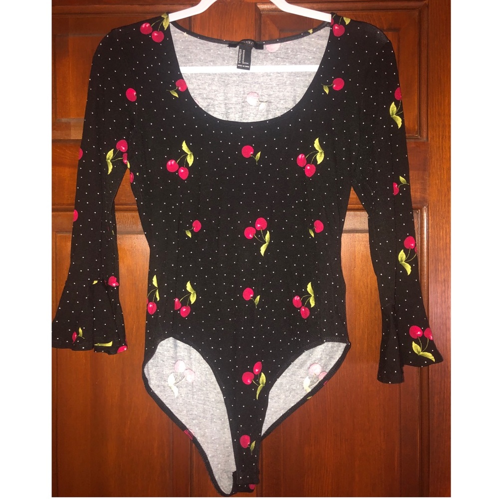 Forever 21 Cherry Printed Trumpet Sleeve Bodysuit